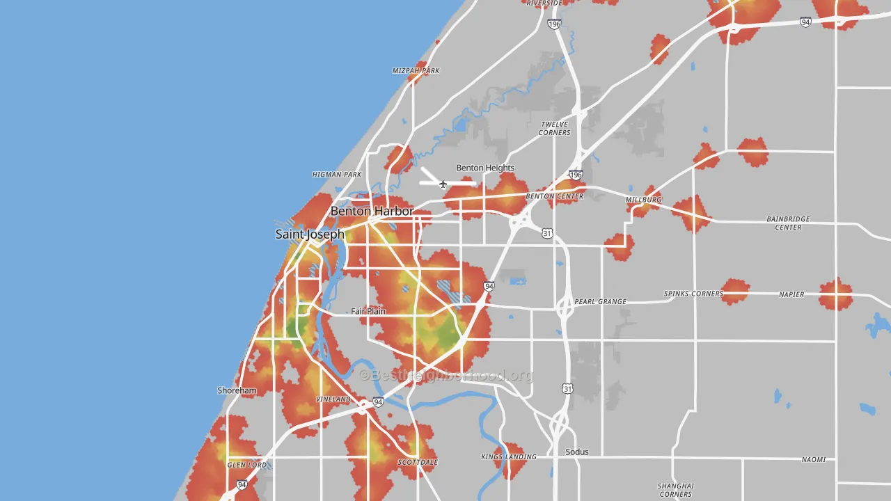 Walk Grade map of 49022, MI, walkable areas in green and car-dependent areas in red