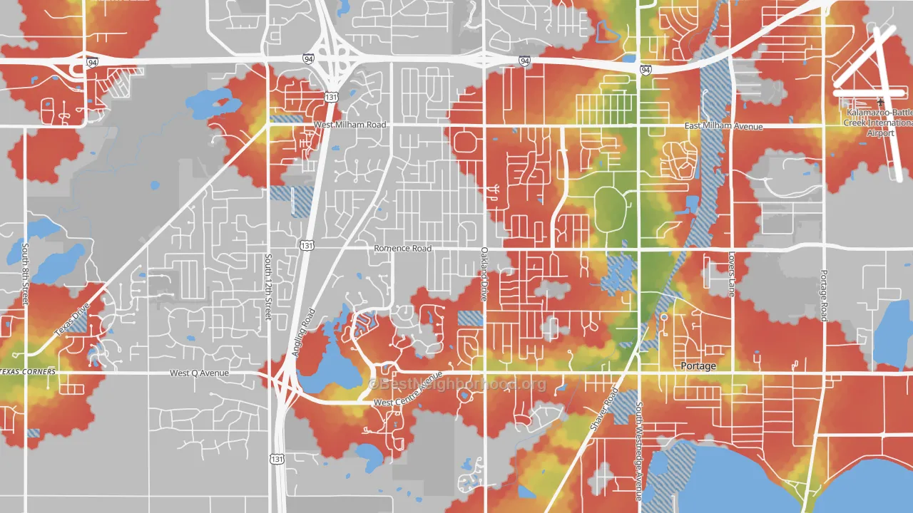 Walk Grade map of 49024, MI, walkable areas in green and car-dependent areas in red
