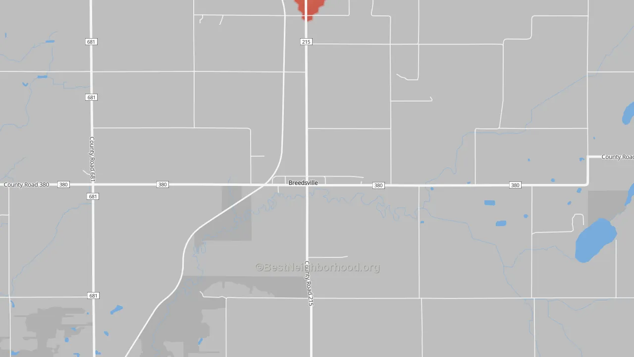 Walk Grade map of 49027, MI, walkable areas in green and car-dependent areas in red