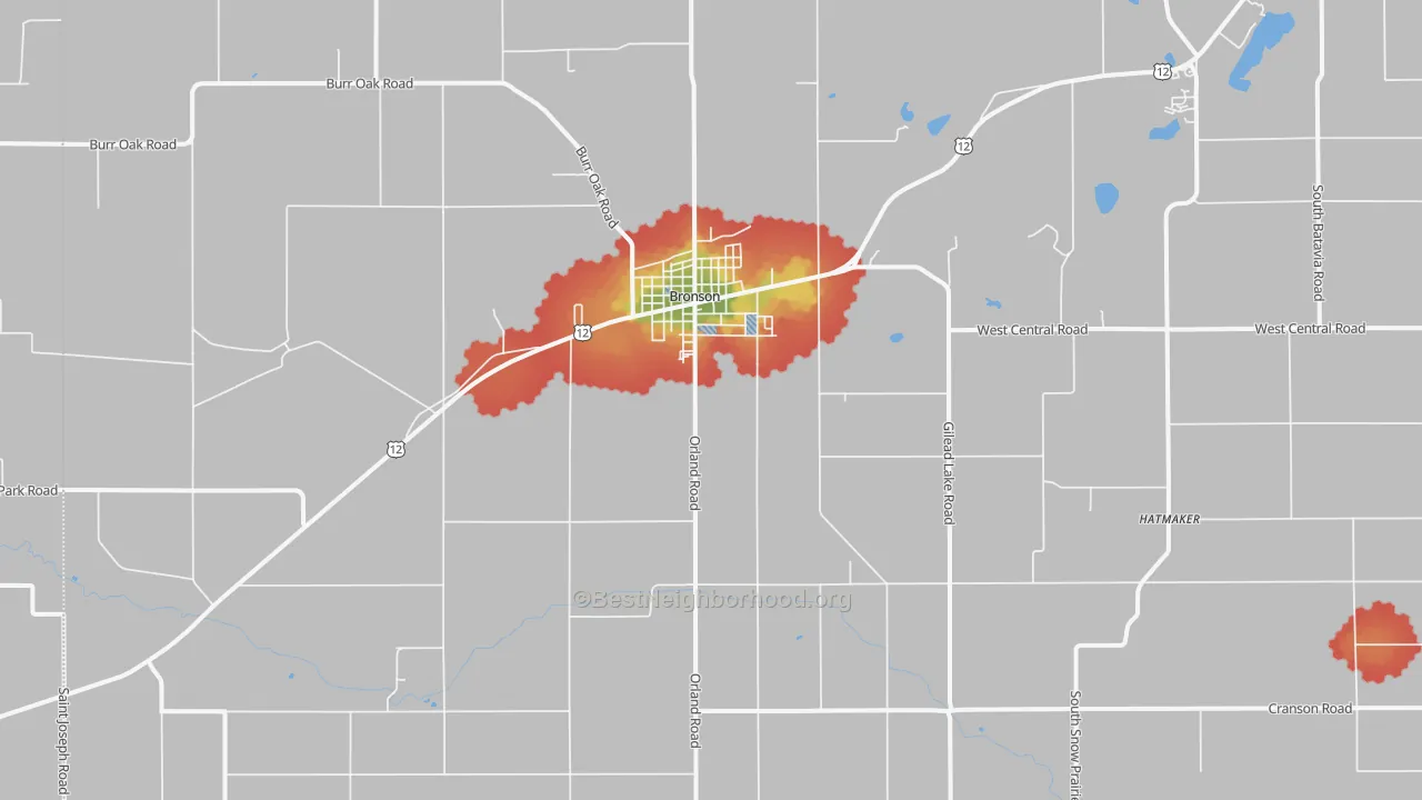 Walk Grade map of 49028, MI, walkable areas in green and car-dependent areas in red
