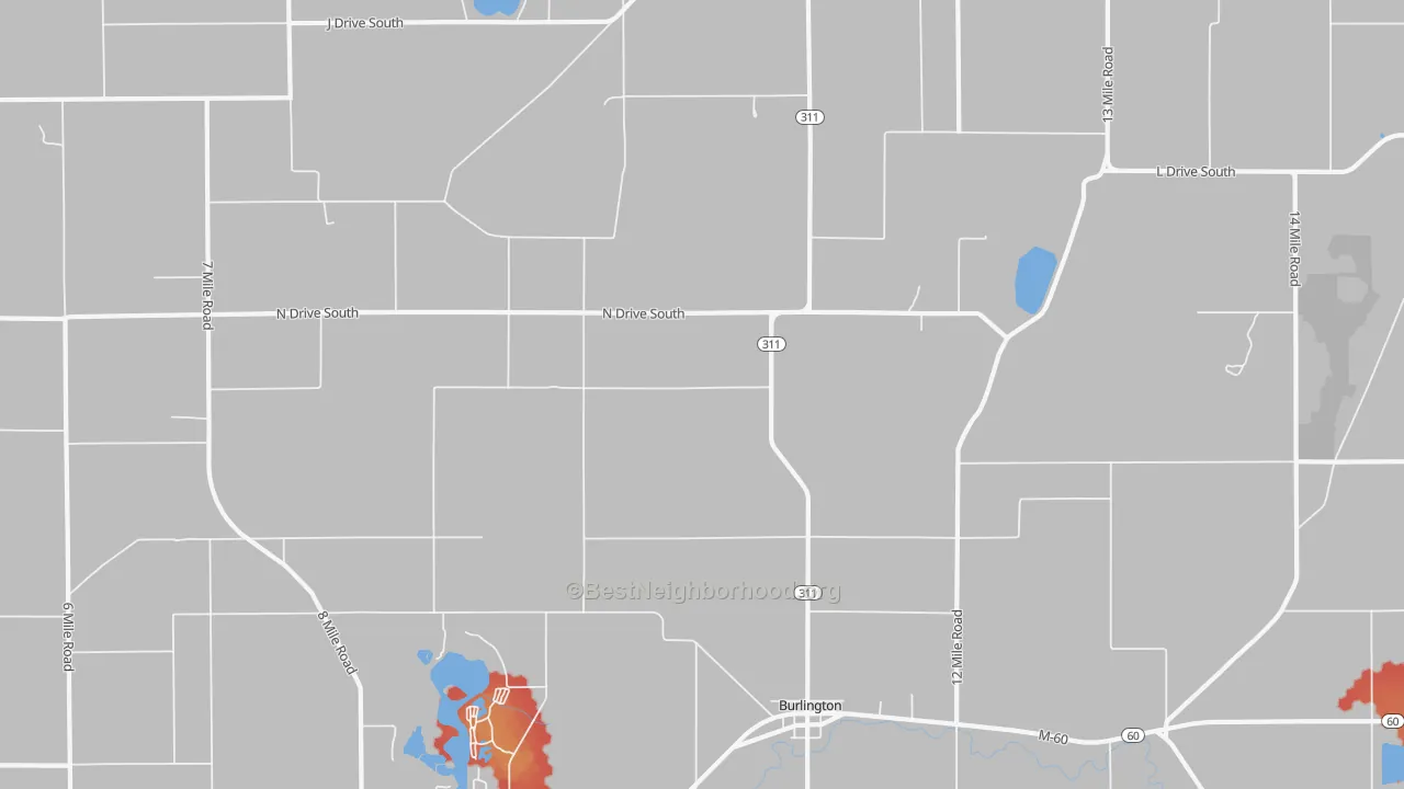 Walk Grade map of 49029, MI, walkable areas in green and car-dependent areas in red