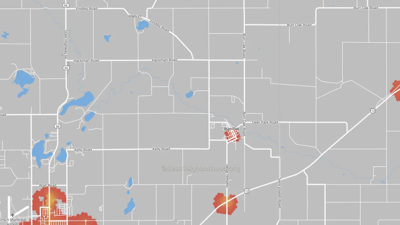 Walk Grade map of 49030, MI, walkable areas in green and car-dependent areas in red