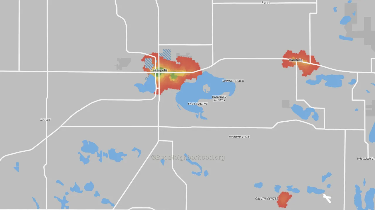 Walk Grade map of 49031, MI, walkable areas in green and car-dependent areas in red
