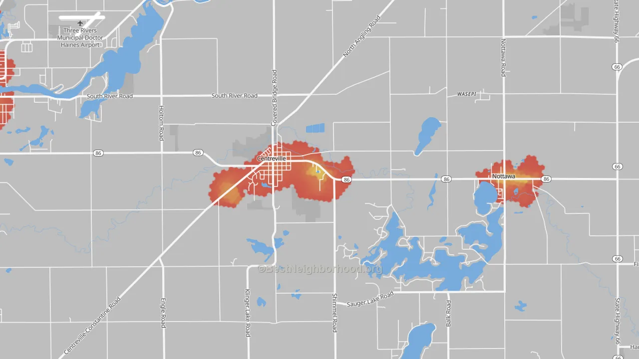 Walk Grade map of 49032, MI, walkable areas in green and car-dependent areas in red