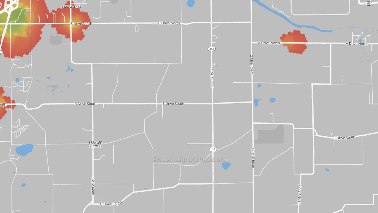 Walk Grade map of 49033, MI, walkable areas in green and car-dependent areas in red