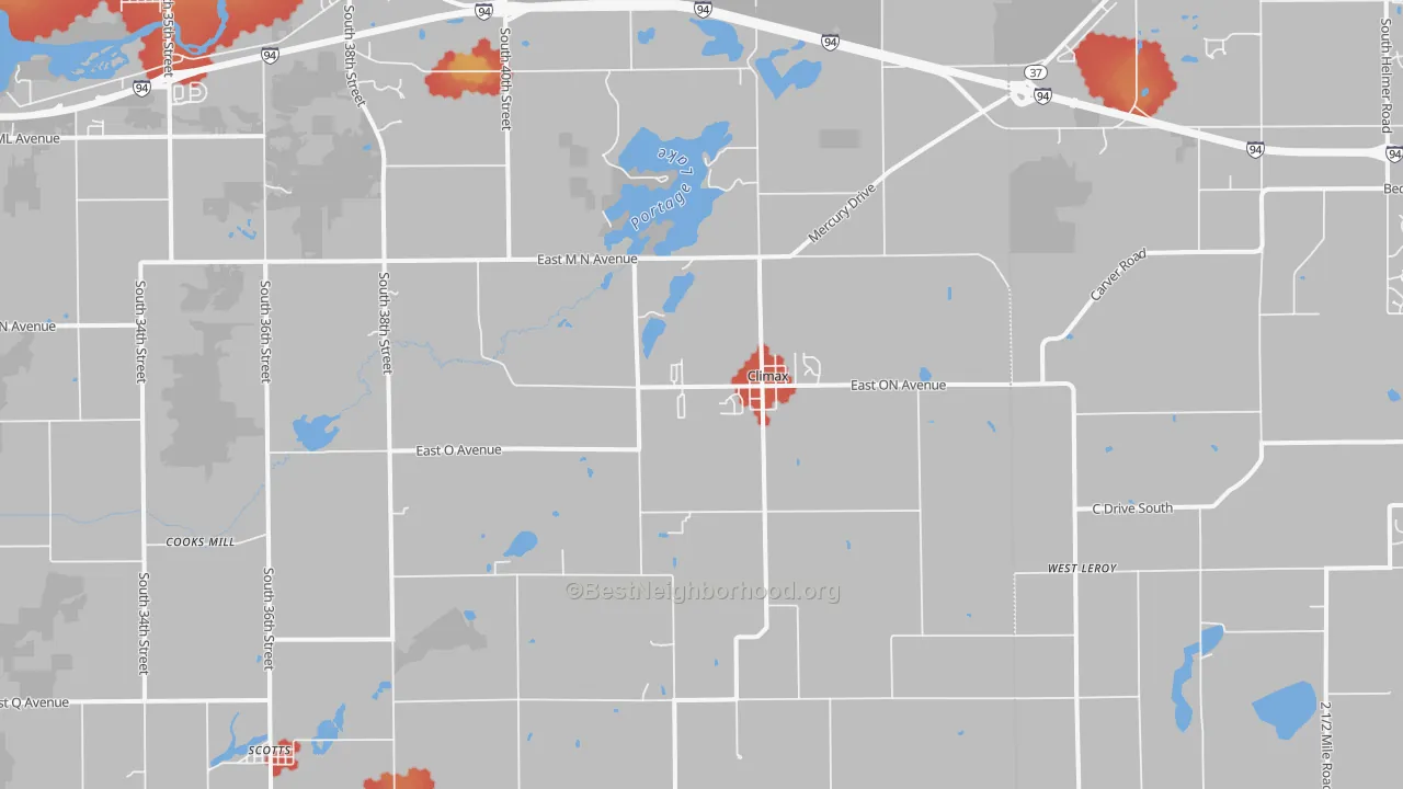 Walk Grade map of 49034, MI, walkable areas in green and car-dependent areas in red