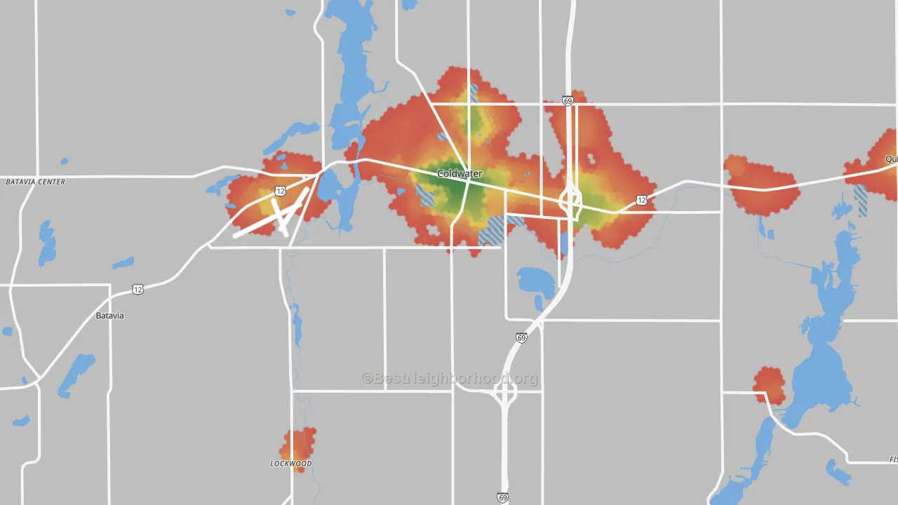 Walk Grade map of 49036, MI, walkable areas in green and car-dependent areas in red