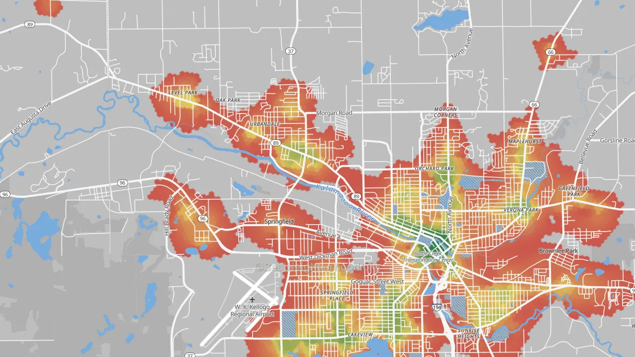 Walk Grade map of 49037, MI, walkable areas in green and car-dependent areas in red