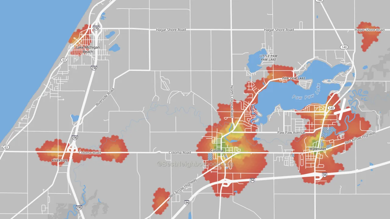 Walk Grade map of 49038, MI, walkable areas in green and car-dependent areas in red