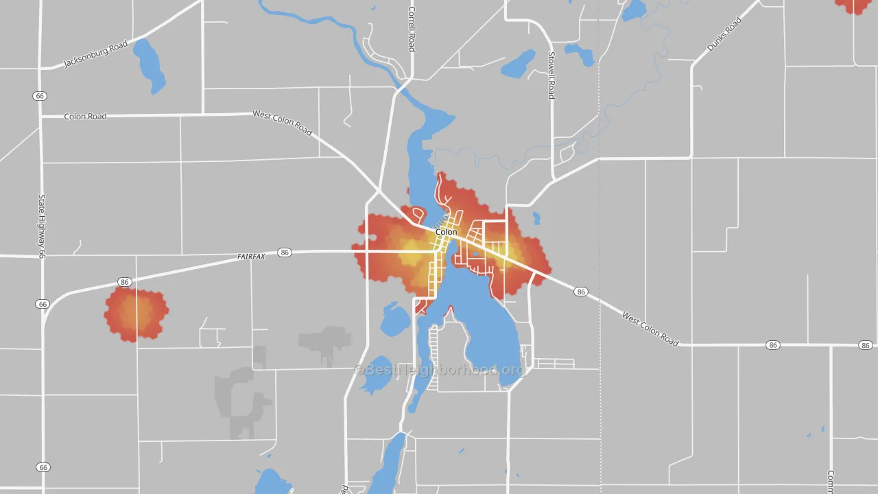Walk Grade map of 49040, MI, walkable areas in green and car-dependent areas in red