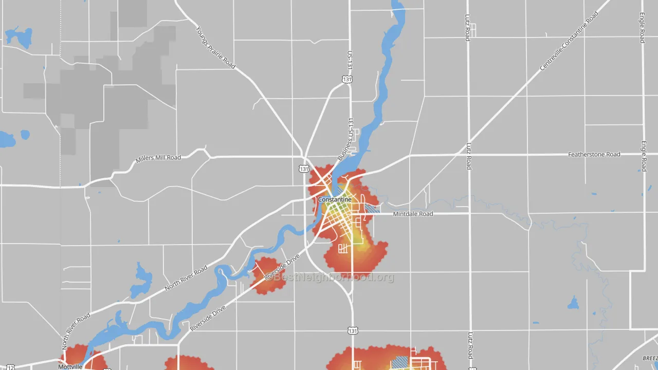 Walk Grade map of 49042, MI, walkable areas in green and car-dependent areas in red