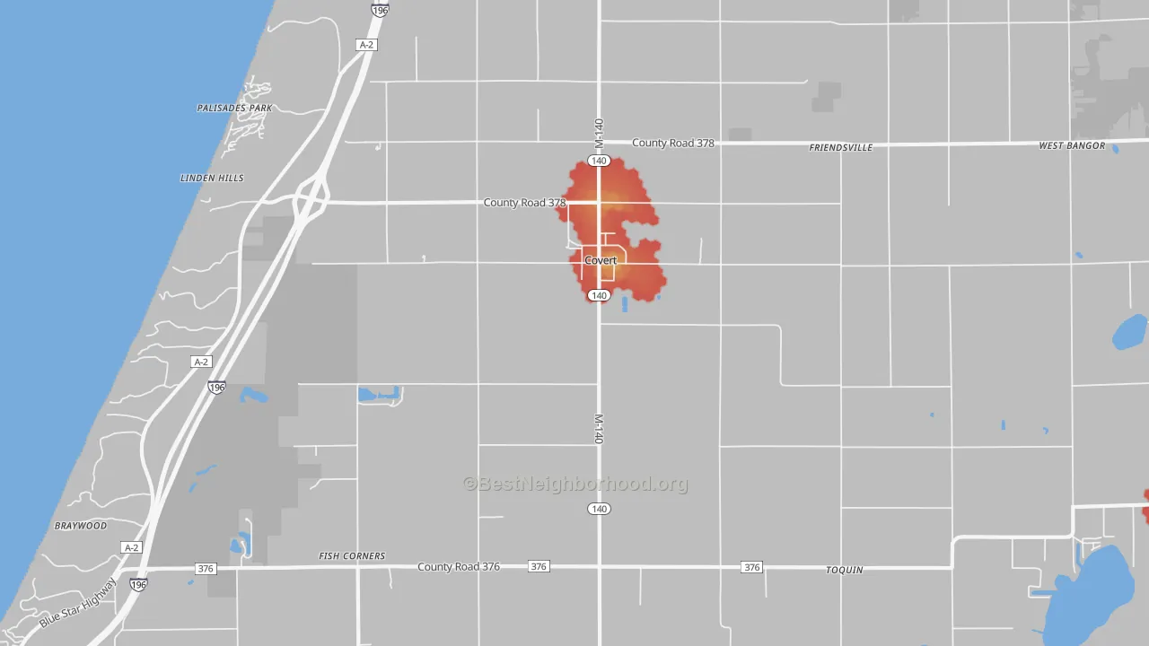 Walk Grade map of 49043, MI, walkable areas in green and car-dependent areas in red