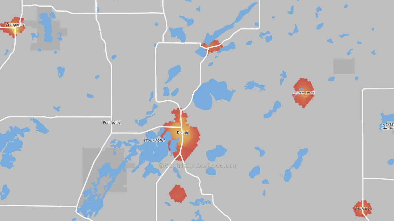 Walk Grade map of 49046, MI, walkable areas in green and car-dependent areas in red