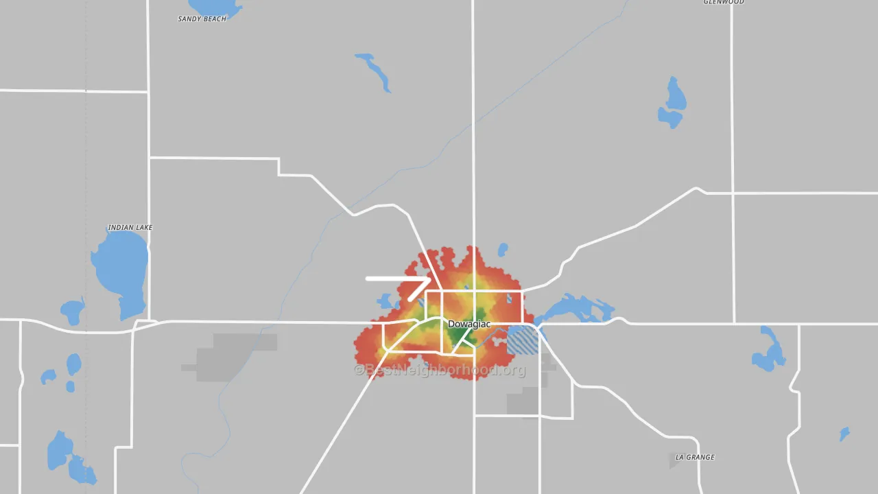 Walk Grade map of 49047, MI, walkable areas in green and car-dependent areas in red