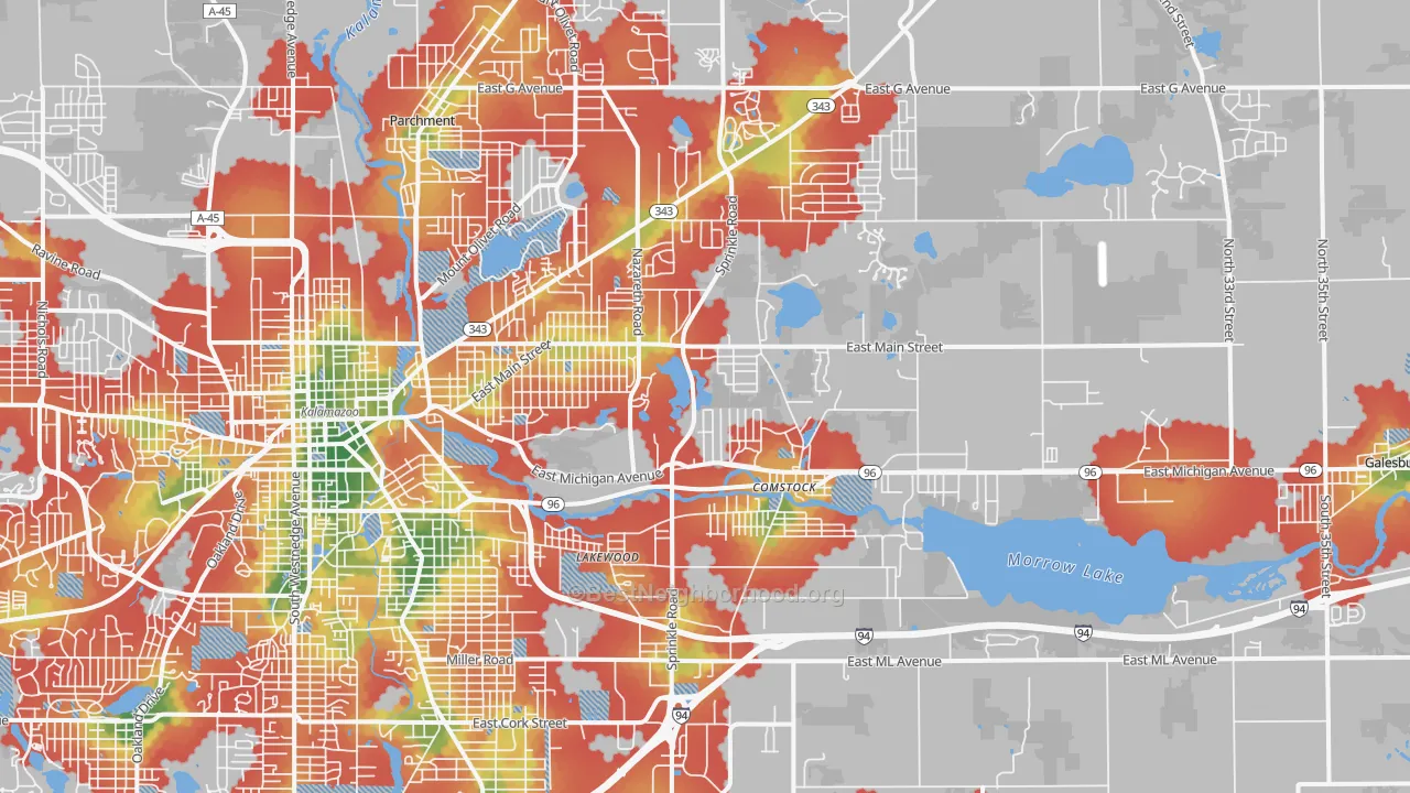 Walk Grade map of 49048, MI, walkable areas in green and car-dependent areas in red
