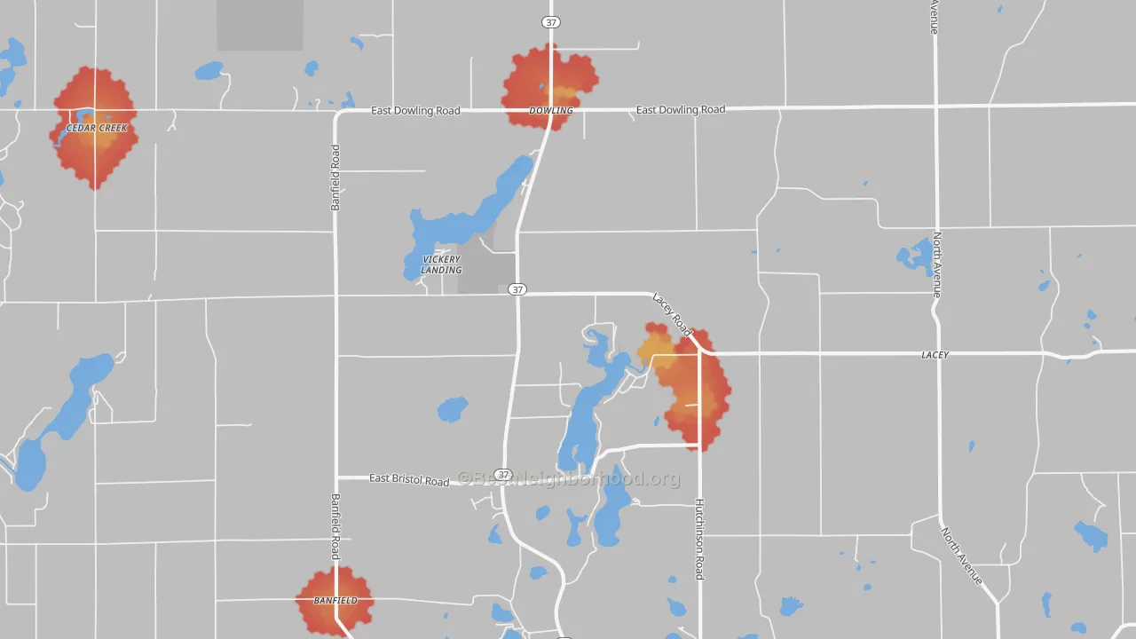 Walk Grade map of 49050, MI, walkable areas in green and car-dependent areas in red