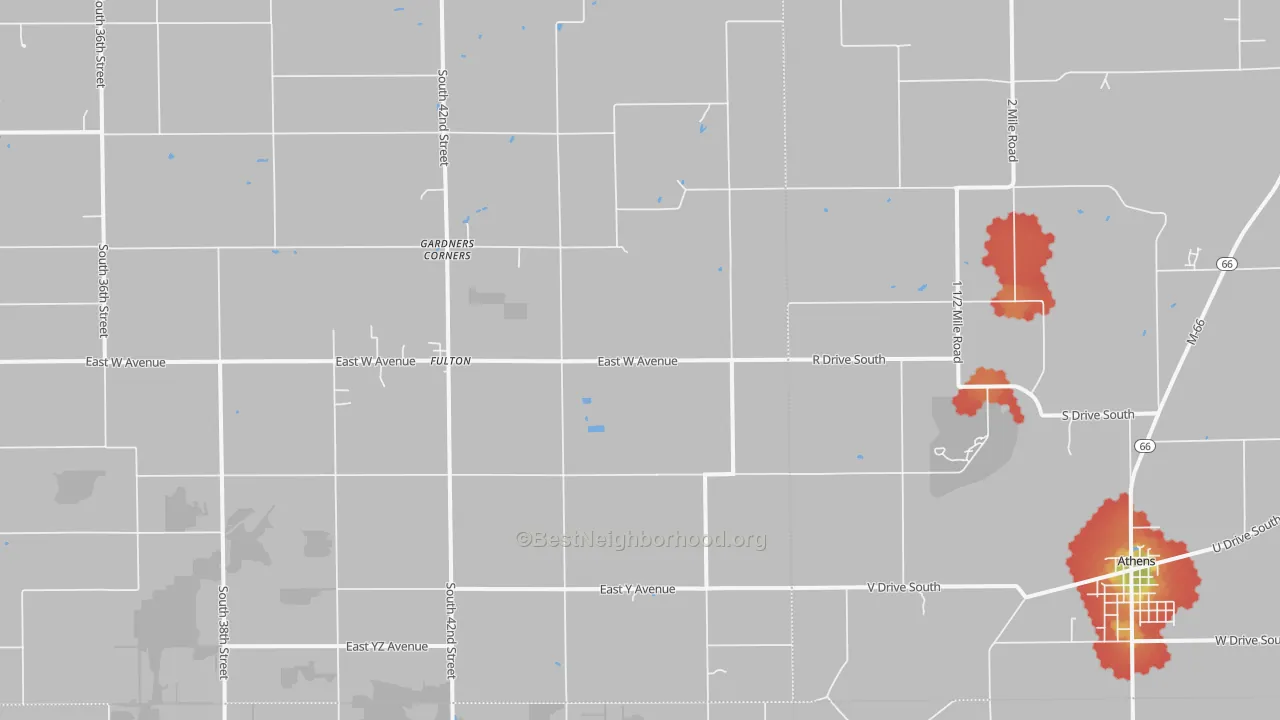 Walk Grade map of 49052, MI, walkable areas in green and car-dependent areas in red