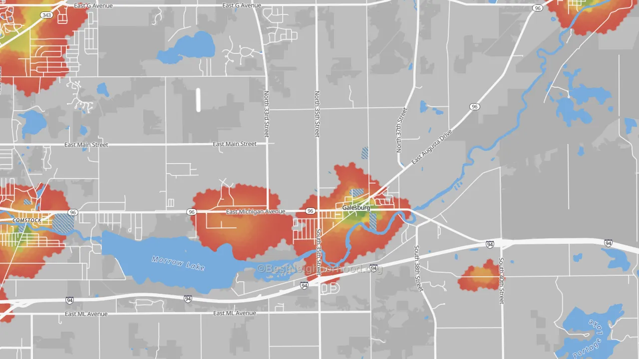 Walk Grade map of 49053, MI, walkable areas in green and car-dependent areas in red