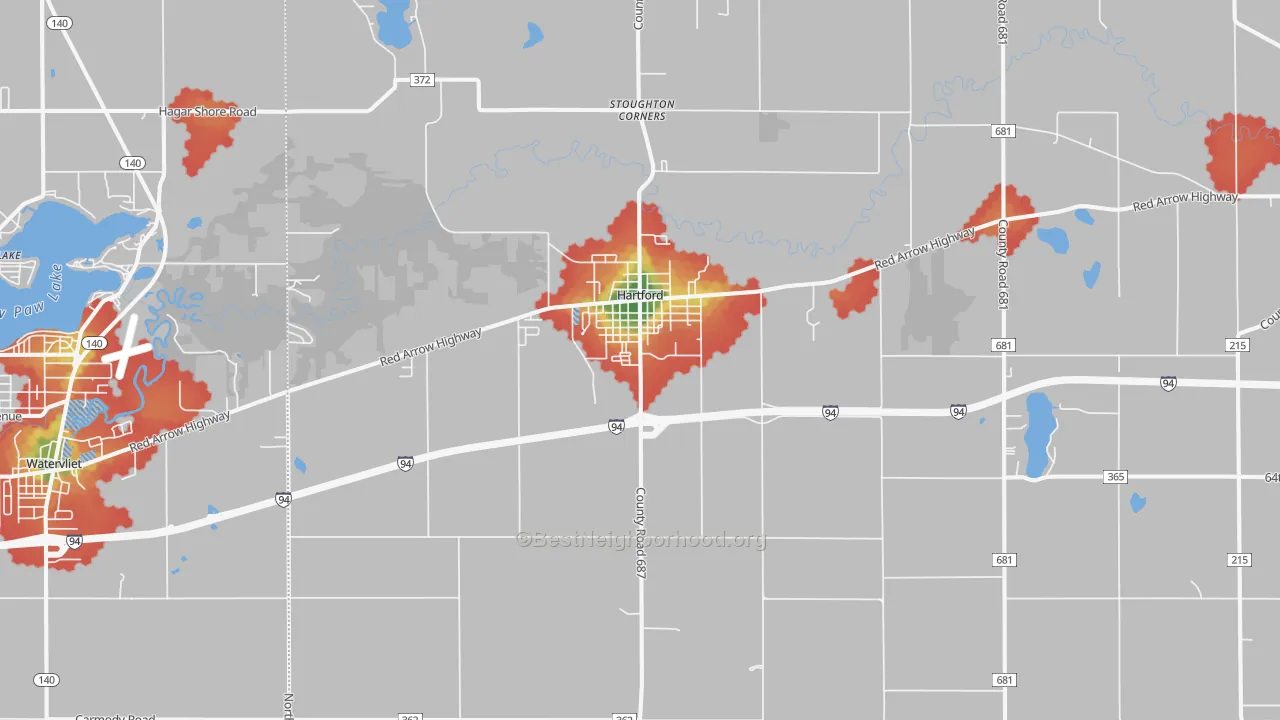 Walk Grade map of 49057, MI, walkable areas in green and car-dependent areas in red