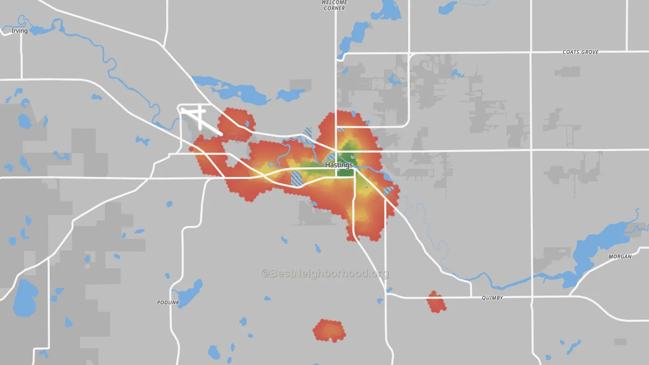 Walk Grade map of 49058, MI, walkable areas in green and car-dependent areas in red