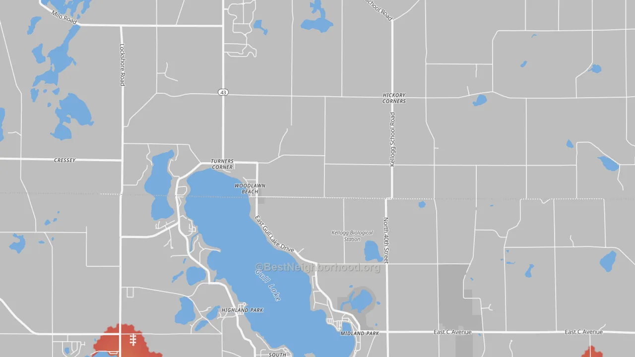 Walk Grade map of 49060, MI, walkable areas in green and car-dependent areas in red