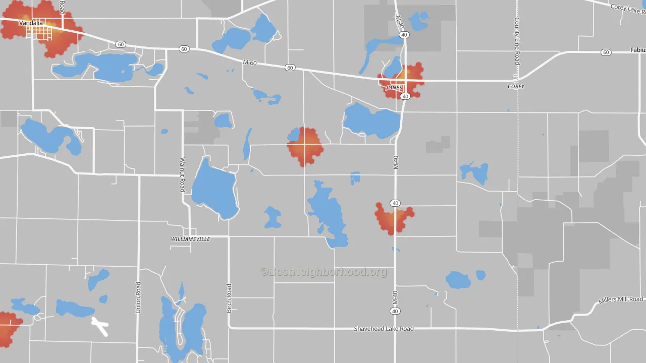 Walk Grade map of 49061, MI, walkable areas in green and car-dependent areas in red