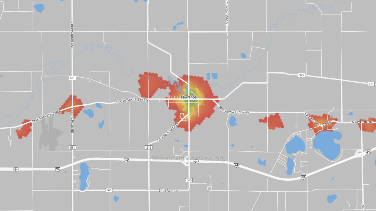 Walk Grade map of 49064, MI, walkable areas in green and car-dependent areas in red
