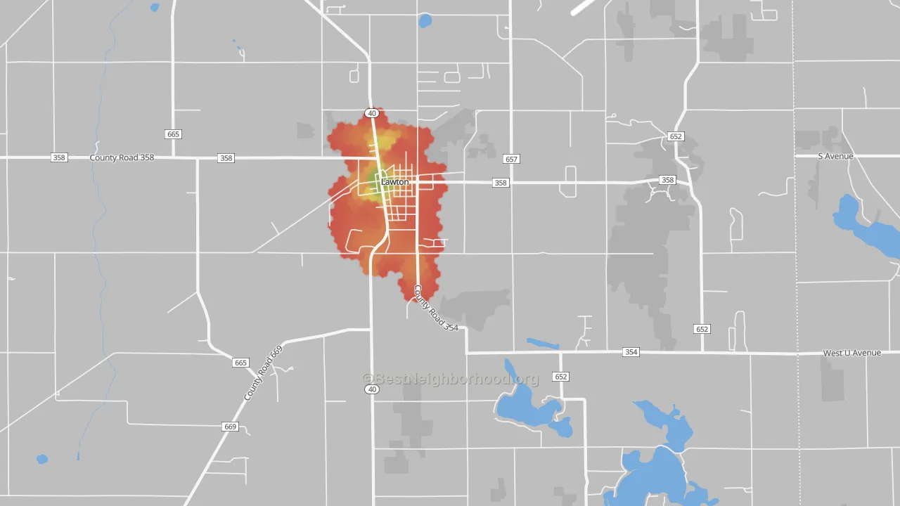 Walk Grade map of 49065, MI, walkable areas in green and car-dependent areas in red