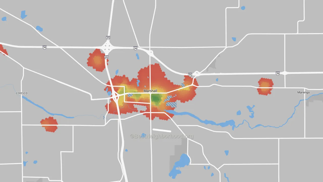 Walk Grade map of 49068, MI, walkable areas in green and car-dependent areas in red