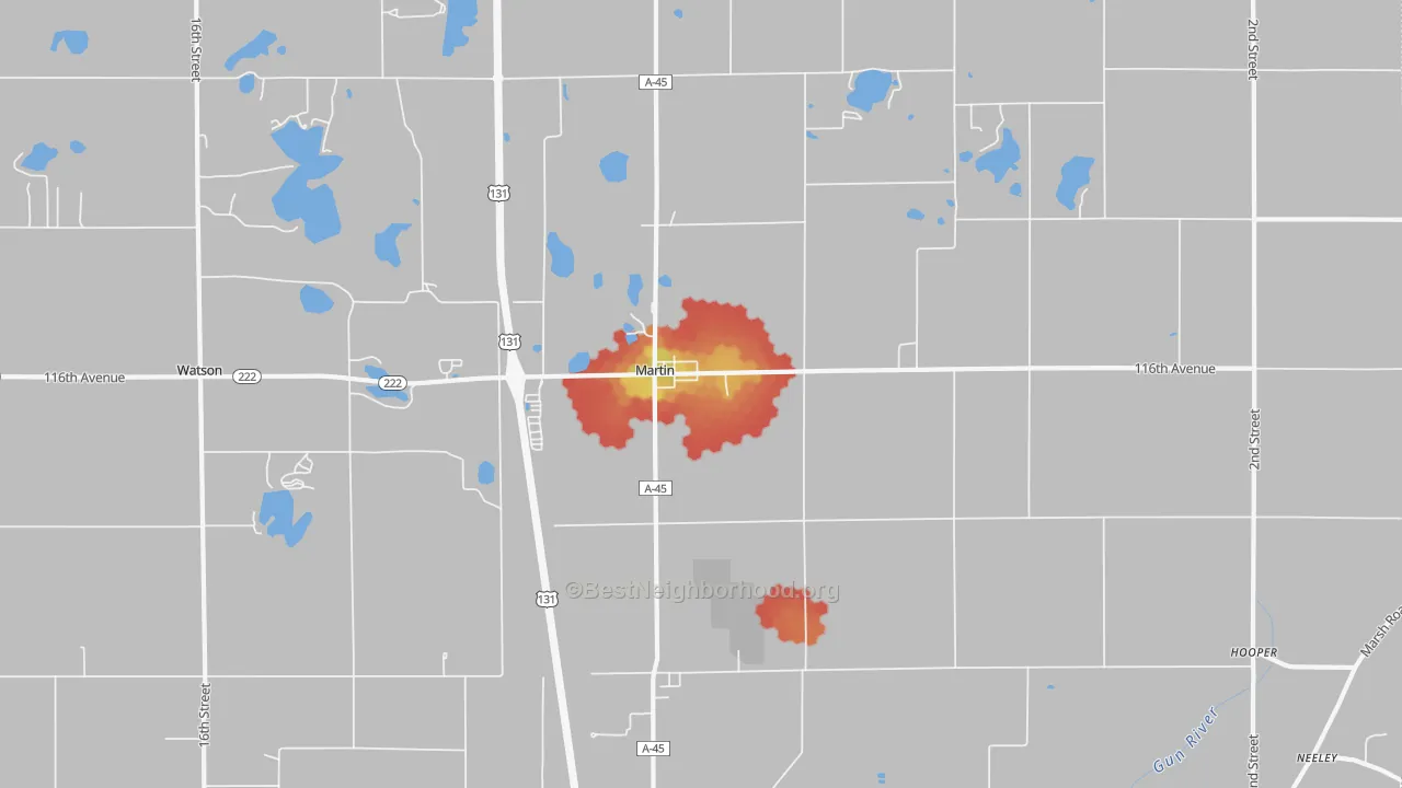 Walk Grade map of 49070, MI, walkable areas in green and car-dependent areas in red