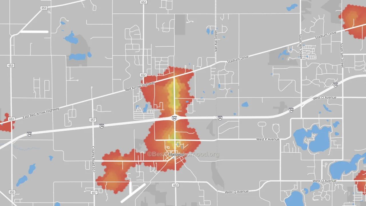 Walk Grade map of 49071, MI, walkable areas in green and car-dependent areas in red