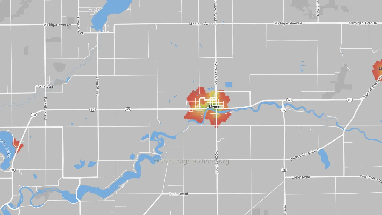 Walk Grade map of 49072, MI, walkable areas in green and car-dependent areas in red