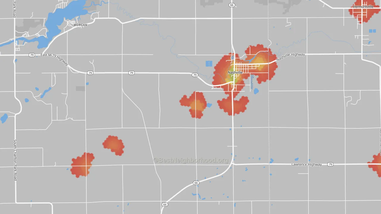 Walk Grade map of 49073, MI, walkable areas in green and car-dependent areas in red