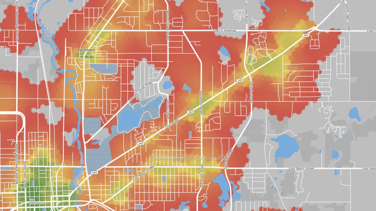 Walk Grade map of 49074, MI, walkable areas in green and car-dependent areas in red
