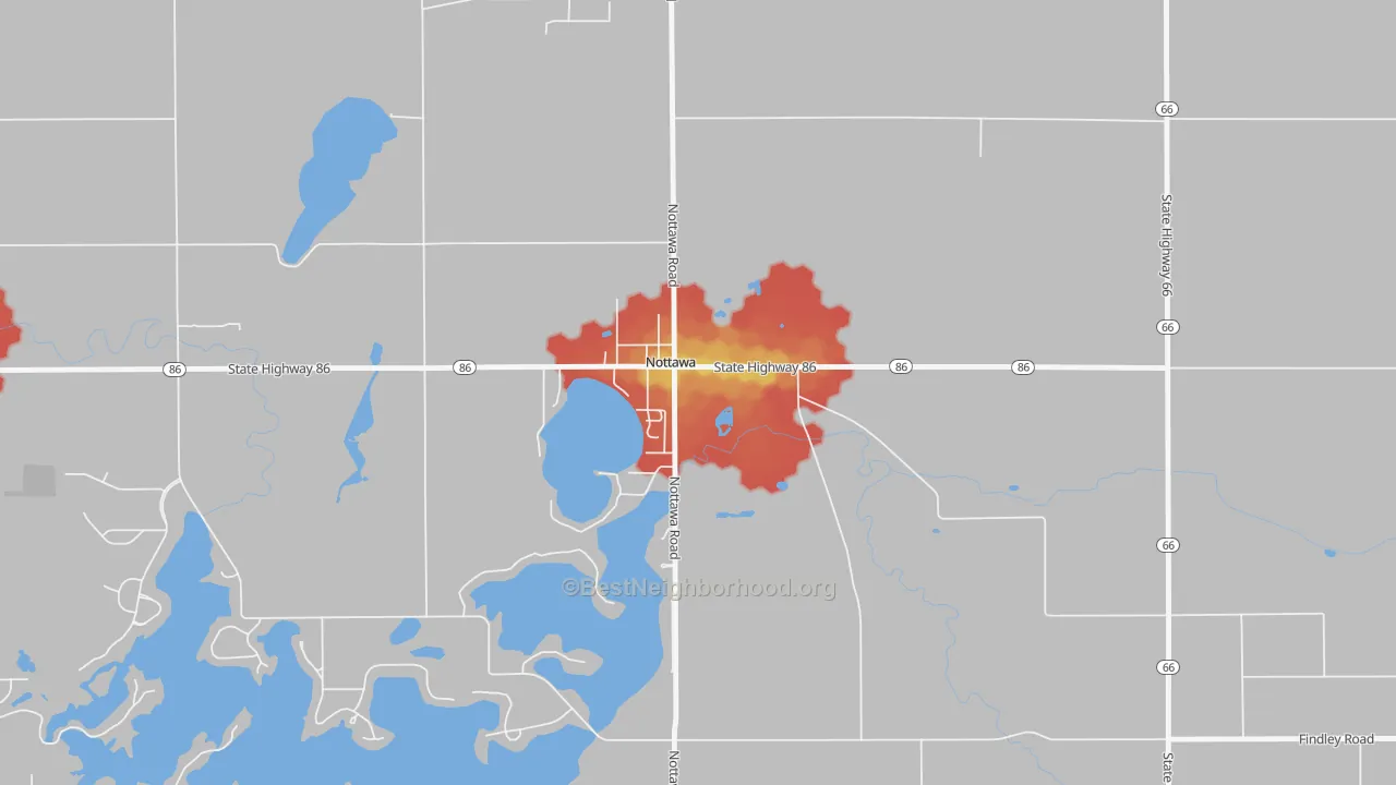 Walk Grade map of 49075, MI, walkable areas in green and car-dependent areas in red