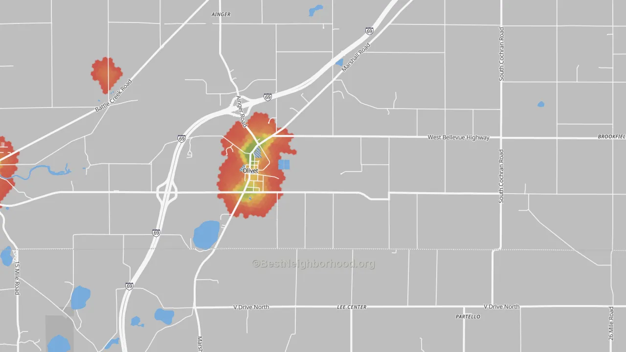Walk Grade map of 49076, MI, walkable areas in green and car-dependent areas in red