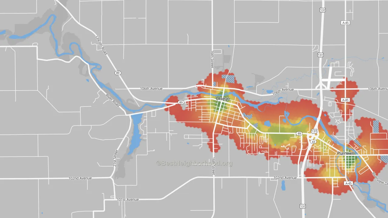 Walk Grade map of 49078, MI, walkable areas in green and car-dependent areas in red