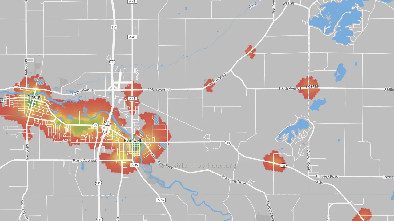 Walk Grade map of 49080, MI, walkable areas in green and car-dependent areas in red