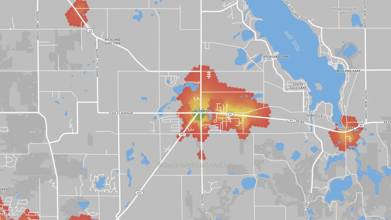 Walk Grade map of 49083, MI, walkable areas in green and car-dependent areas in red