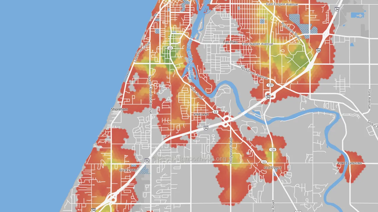 Walk Grade map of 49085, MI, walkable areas in green and car-dependent areas in red