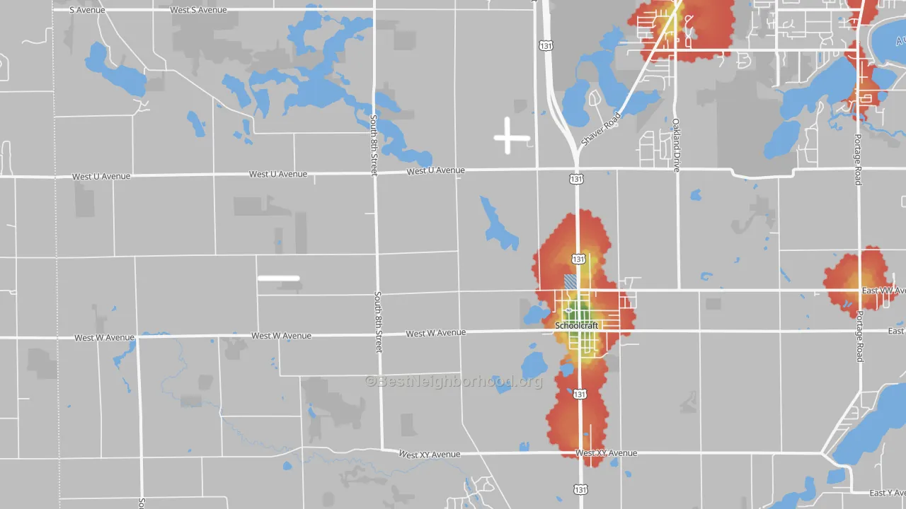 Walk Grade map of 49087, MI, walkable areas in green and car-dependent areas in red