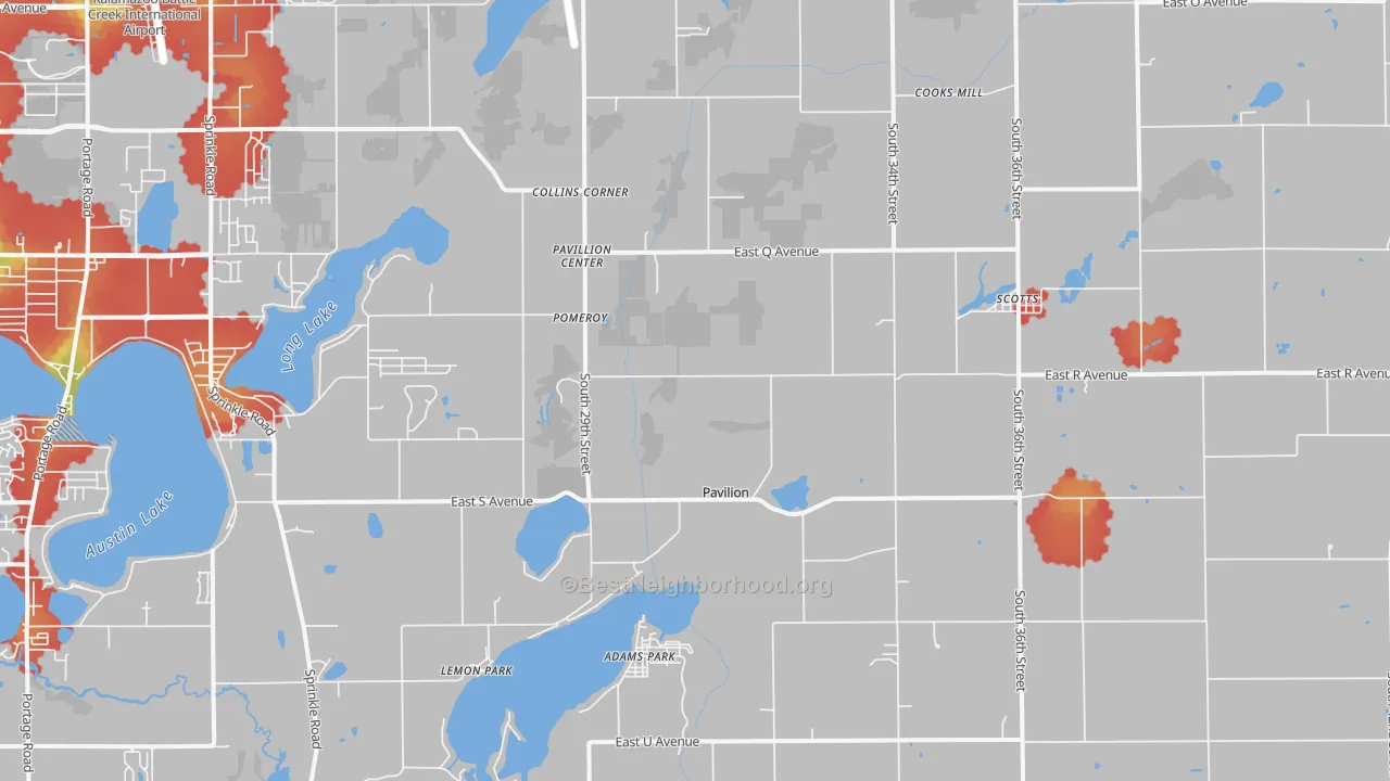 Walk Grade map of 49088, MI, walkable areas in green and car-dependent areas in red