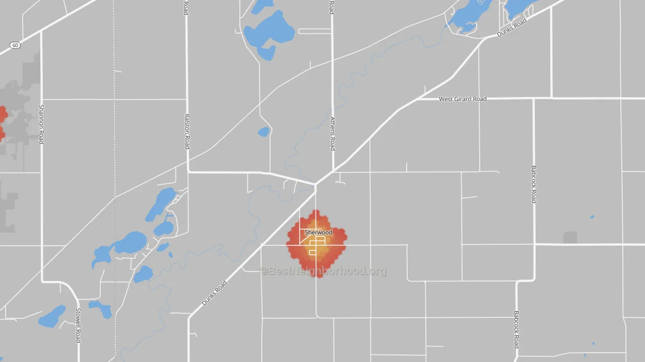 Walk Grade map of 49089, MI, walkable areas in green and car-dependent areas in red