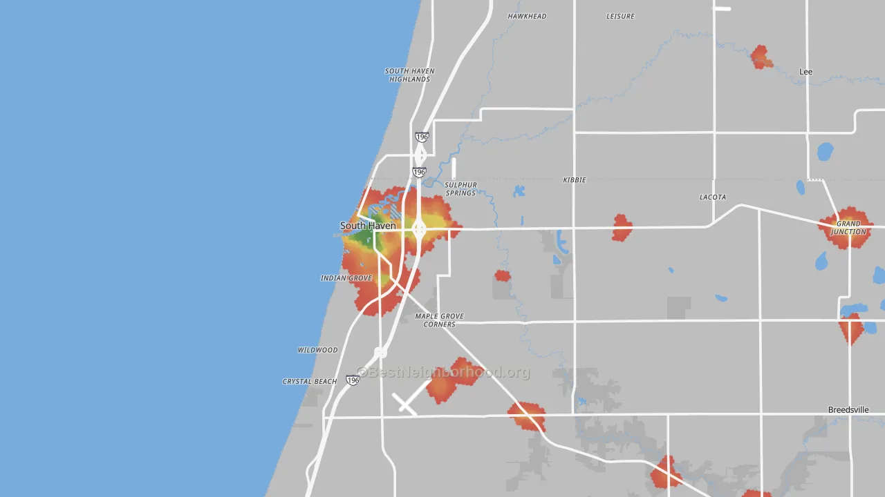 Walk Grade map of 49090, MI, walkable areas in green and car-dependent areas in red