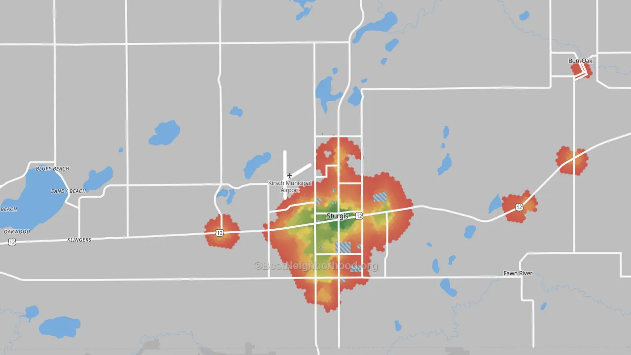 Walk Grade map of 49091, MI, walkable areas in green and car-dependent areas in red