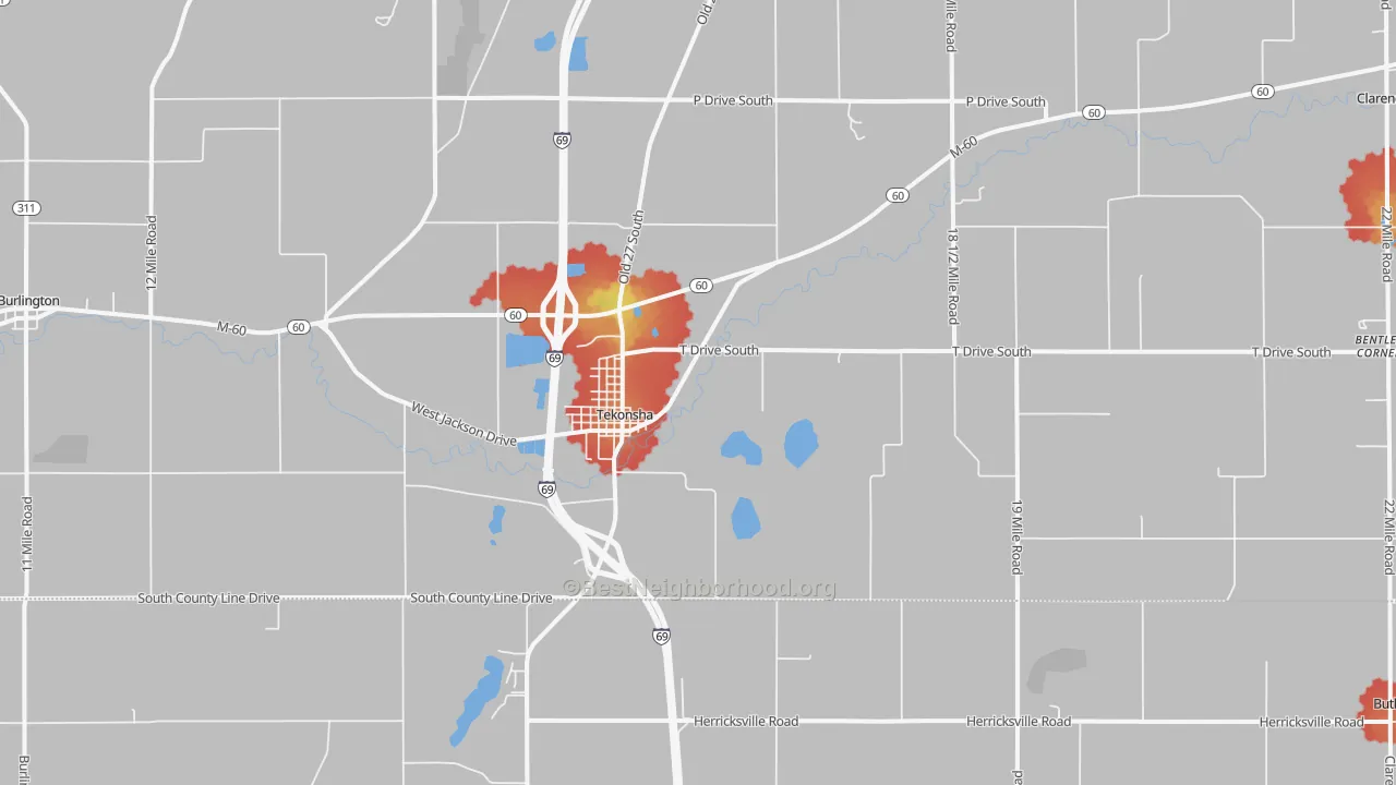 Walk Grade map of 49092, MI, walkable areas in green and car-dependent areas in red