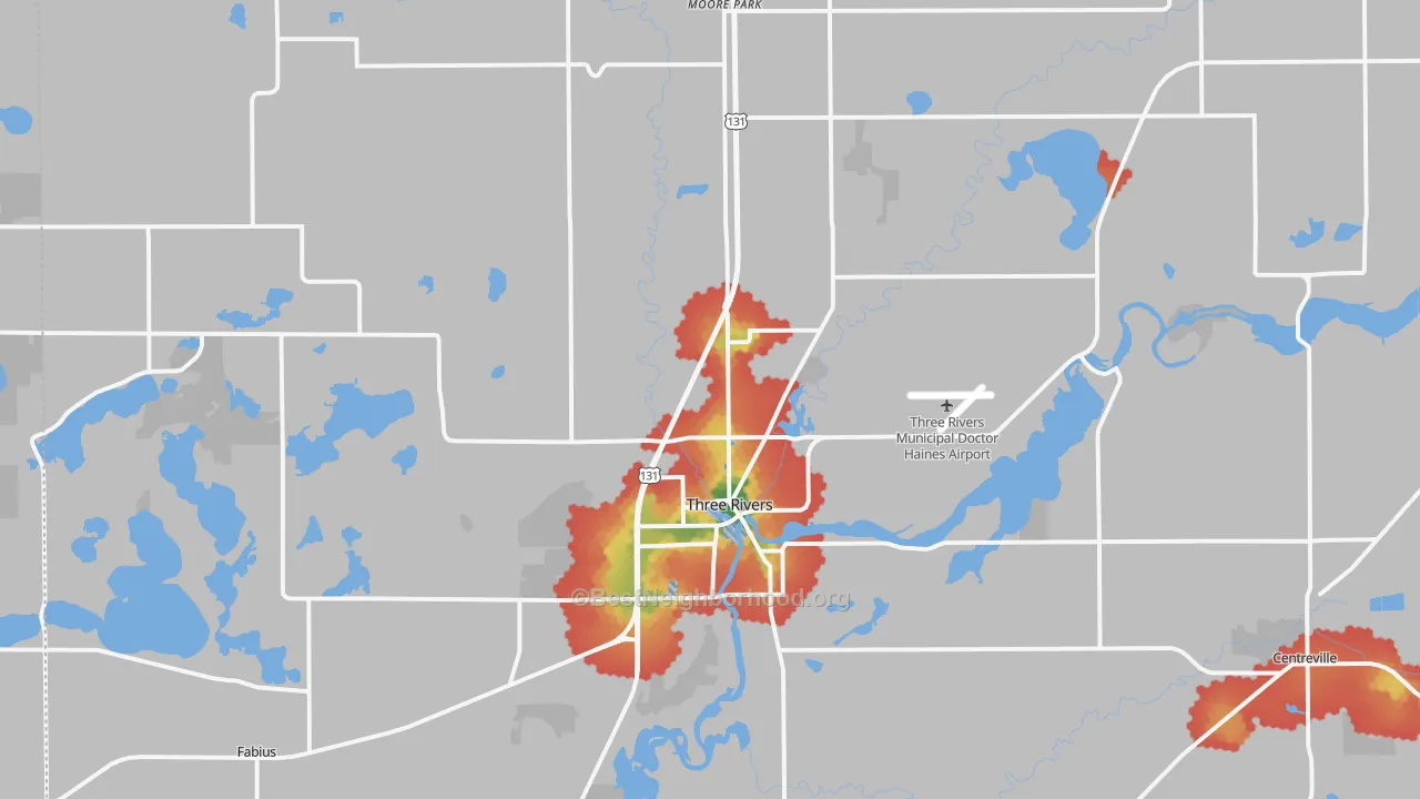 Walk Grade map of 49093, MI, walkable areas in green and car-dependent areas in red