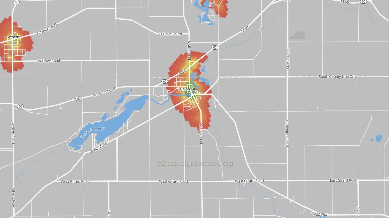 Walk Grade map of 49094, MI, walkable areas in green and car-dependent areas in red