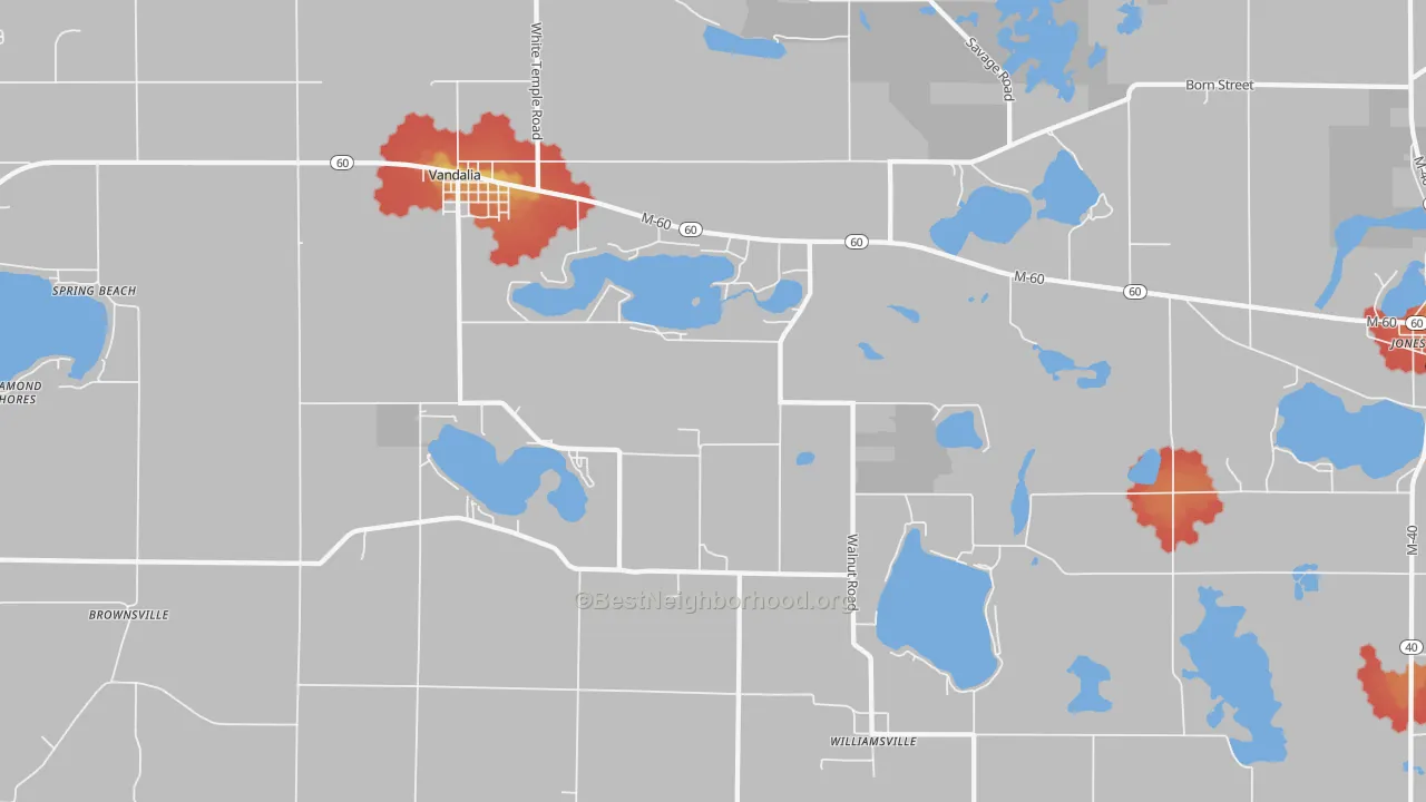 Walk Grade map of 49095, MI, walkable areas in green and car-dependent areas in red