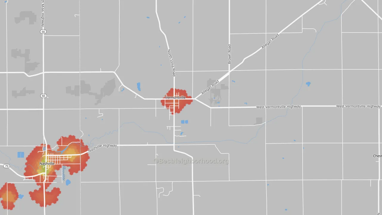 Walk Grade map of 49096, MI, walkable areas in green and car-dependent areas in red